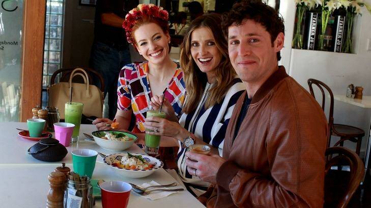 Emma Watkins and Lachy Gillespie from The Wiggles with Kate Waterhouse  at Sotto on West, North Sydney. Photo: Ben Rushton