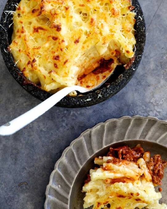 Adam Liaw's macaroni, bolognese and cheese <a href="http://www.goodfood.com.au/good-food/cook/recipe/macaroni-bolognese-and-cheese-20140324-35d9o.html"><b>(recipe here)</b></a> Photo: Edwina Pickles