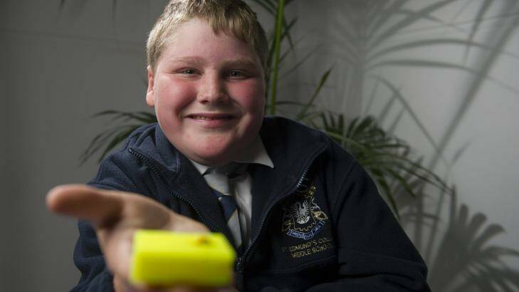 Will Grame, from St Edmunds College, has entered his bright idea into Origin's littleBIGidea competition with his invention called 'the striper' which disposes of blood glucose testing strips. Photo: Jay Cronan