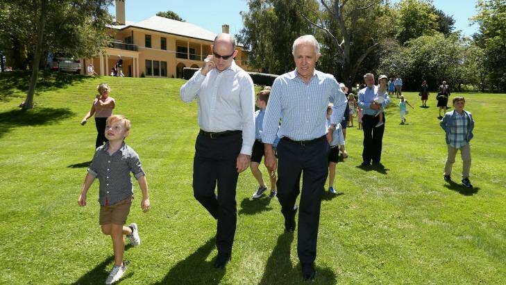 Stuart Robert with Prime Minister Malcolm Turnbull at family day at The Lodge on Sunday. Photo: Alex Ellinghausen