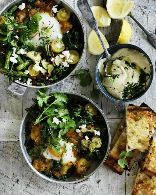 For the vegetarian mum: Adam Liaw's green shakshuka with hummus and Turkish bread. <a href="http://www.goodfood.com.au/good-food/cook/recipe/green-shakshuka-with-hummus-20160412-4dcwf.html"><b>(Recipe here).</b></a> Photo: William Meppem