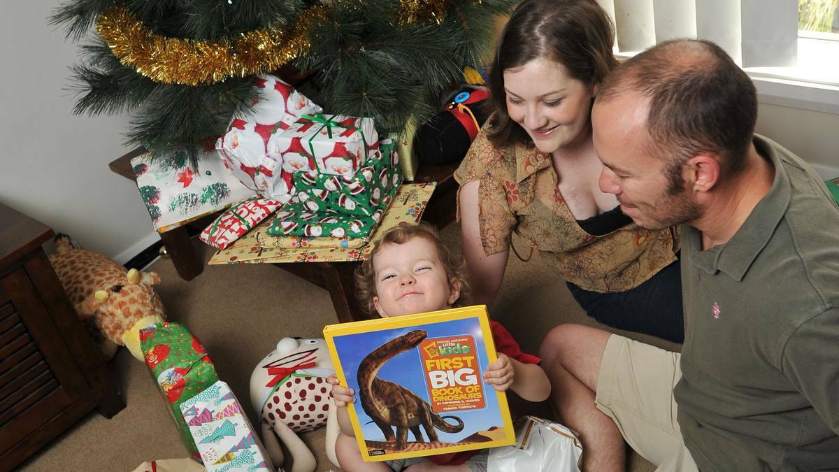  Declan, 2, of Wagga opens his present while parents Monica and Adrian watch on. Picture: Michael Frogley