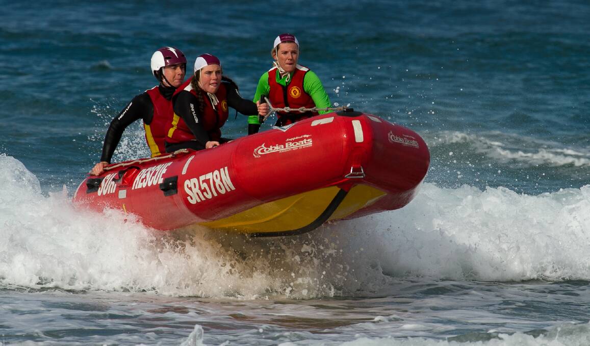Caves Beach Surf Life Saving Club’s inflatable rescue boat team.