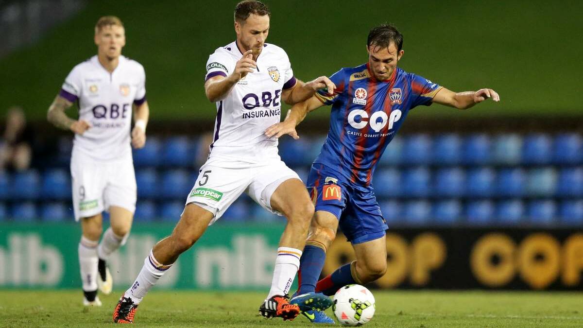 Perth Glory player Rostyn Griffiths, left, and Newcastle Jets player Ben Kantarovski, right.