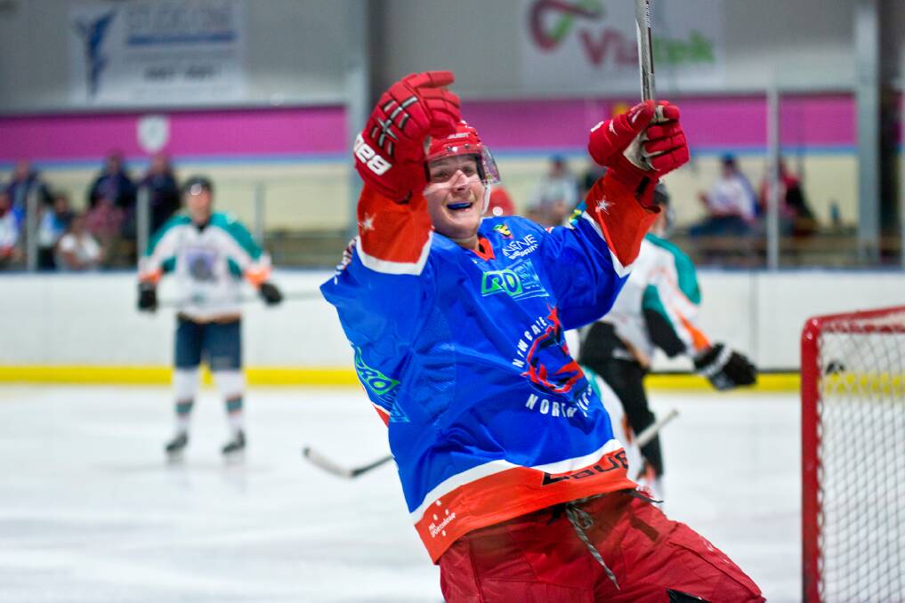 Newcastle North Stars’ Hayden Sheard celebrates a hat-trick against the Sydney Bears. Picture: Mark Bradford