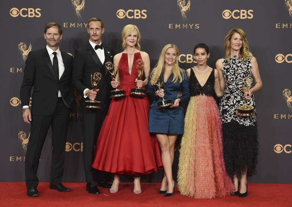 Jeffrey Nordling, from left, Alexander Skarsgard, Nicole Kidman, Reese Witherspoon, Zoe Kravitz, and Laure Dern pose in the press room with their awards for outstanding limited series for "Big Little Lies" at the 69th Primetime Emmy Awards on Sunday, Sept. 17, 2017, at the Microsoft Theater in Los Angeles. Picture: Jordan Strauss/Invision/AP