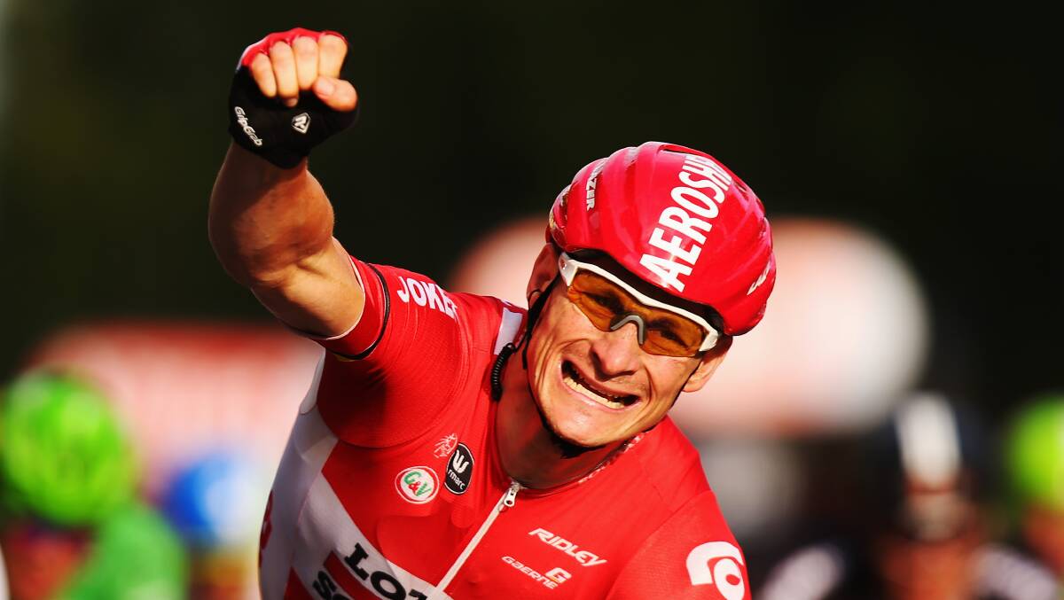 Andre Greipel of Germany and Lotto-Soudal celebrates as he crosses the finish line to win the twenty first stage of the 2015 Tour de France, a 109.5 km stage between Sevres and Paris Champs-Elysees, on July 26, 2015 in Paris, France. Pic: Getty Images