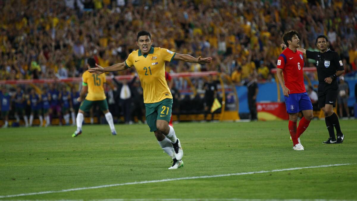 Australia's new golden boy: Massimo Luongo scores the Socceroos first goal. Picture: Darren Pateman