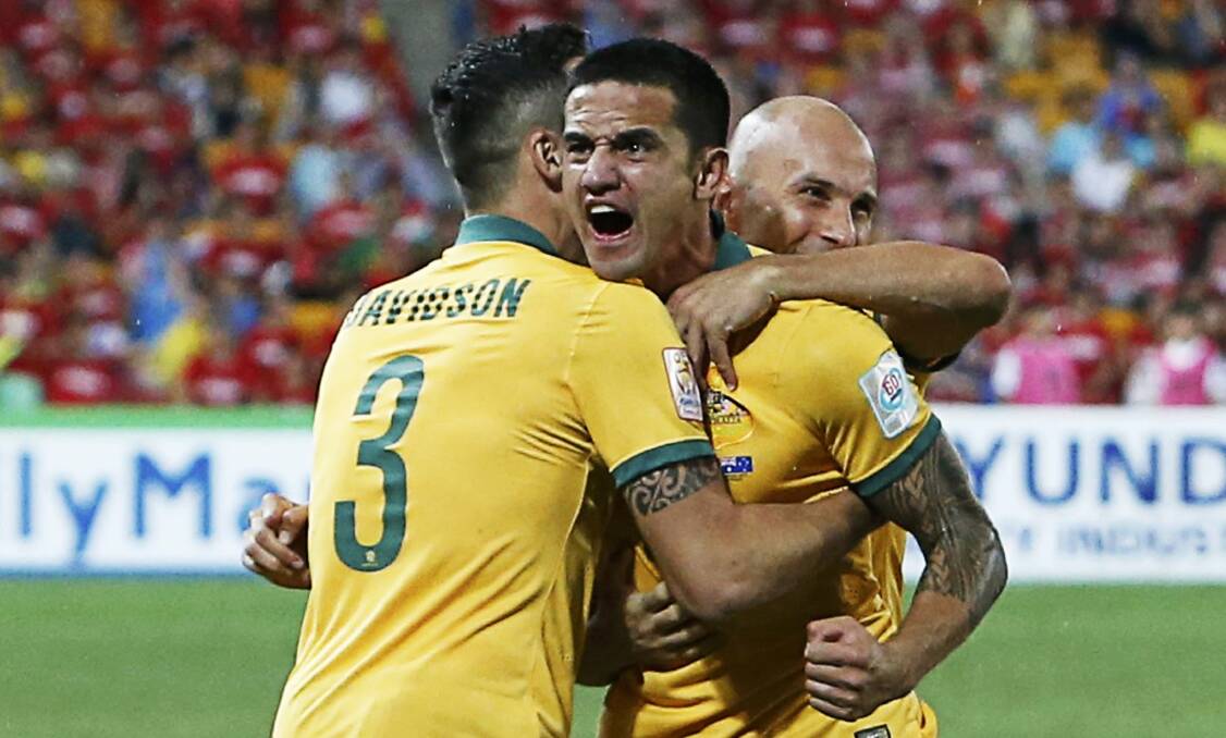 Australia's Tim Cahill celebrates his goal during the Socceroos' Asian Cup quarter-final soccer match against China at the Brisbane Stadium . Picture: Reuters