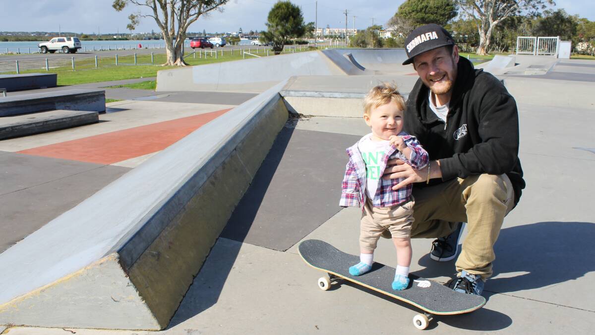 10-month-old Floyd Grundy enjoys a morning at Swansea Skatepark with dad Russell.