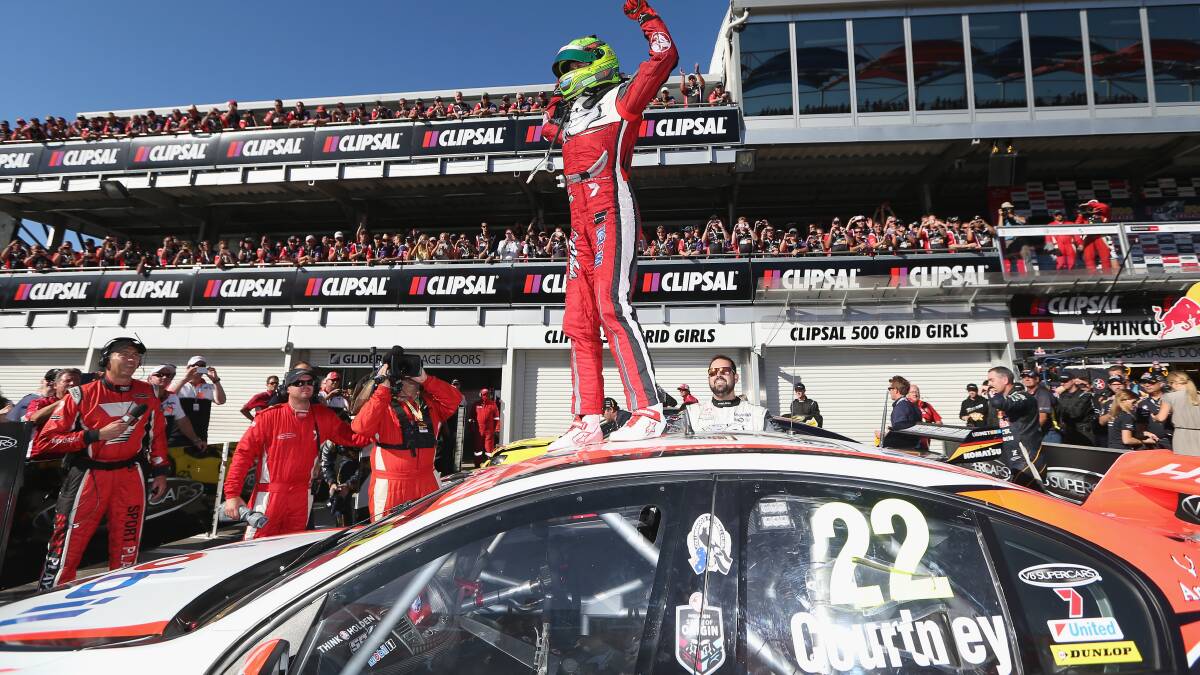 James Courtney driver of the #22 Holden Racing Team Holden celebrates after winning race three at the Clipsal 500 in Adelaide. Picture: Getty