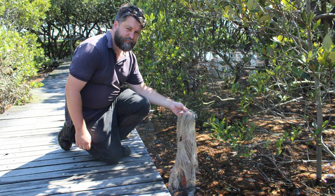 NO PLASTIC: Councillor John Mackenzie displays a discarded plastic bag that was floating in the water near the Carrington Mangrove Boardwalk. Picture: Isaac McIntyre