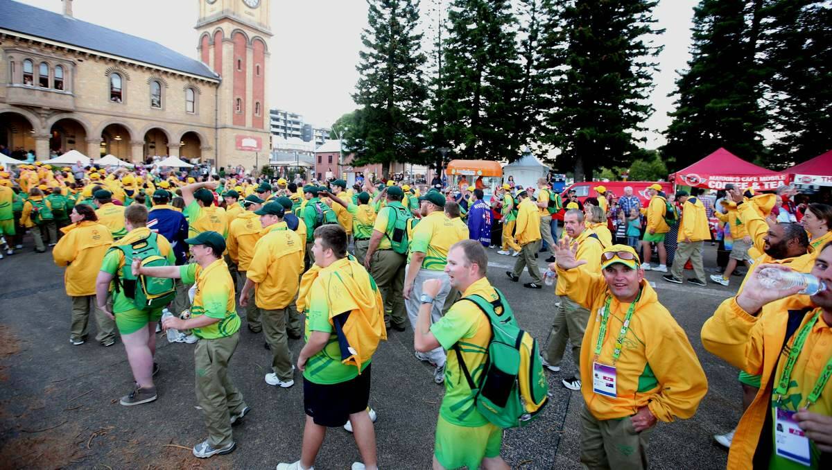 JOB DONE: Australian Special Olympics athletes celebrate at the closing ceremony.