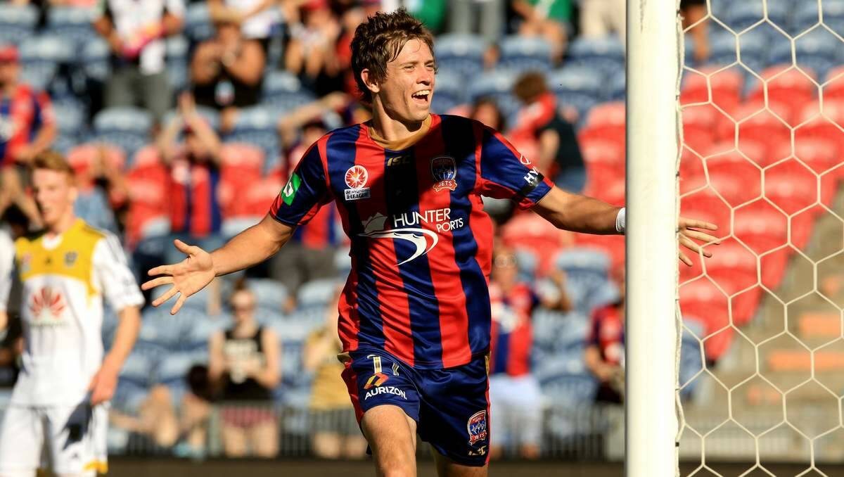 ECSTATIC: The Newcastle Jets' Craig Goodwin celebrates one of his goals during last Sunday's match.