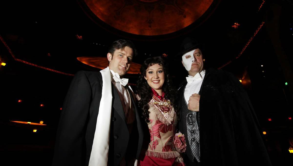 OPERATORS: The Phantom of The Opera cast members Daniel Stoddart (as Raoul), Caitlin Harris (as Christine) and Chris Maxfield (as The Phantom).