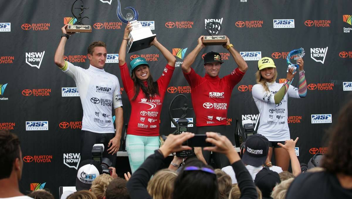 WINNERS: Women’s and men’s pro winners Malia Manuel and Matt Banting hold their trophies next to respective runners-up Alessa Quizon and Nathan Hedge.
