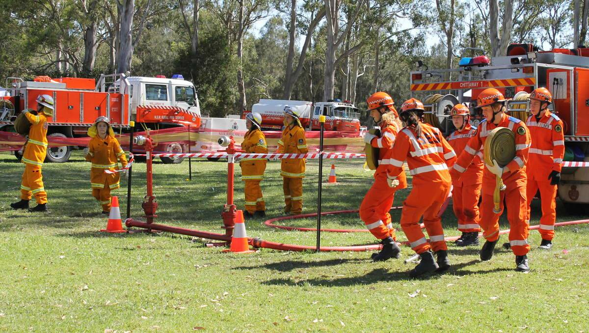 SES team competing in the hose and hydrant drill at the 2013 Australian Fire Cadets Championships, Myuna Bay.