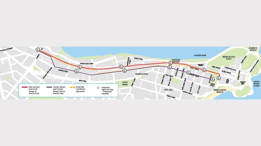 CHOICES: The three possible light rail routes that run through Newcastle's CBD.