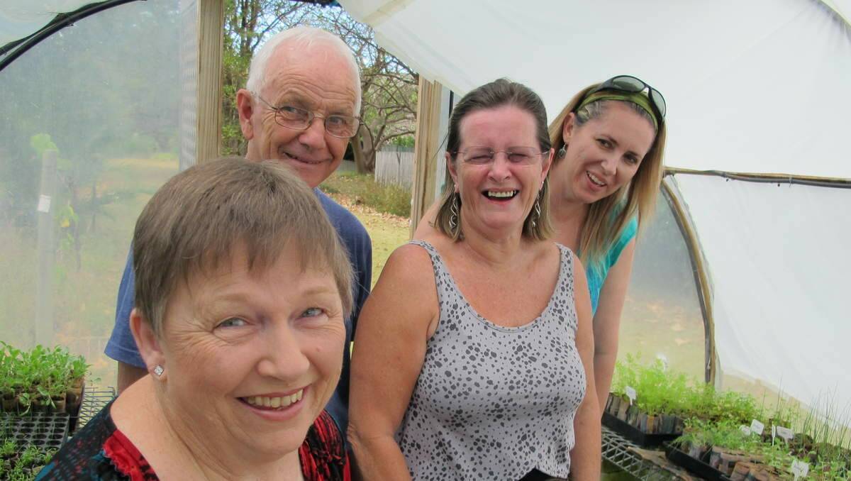 DEEP ROOTS: Members of the Warners Bay Community Garden - Patricia Jarvie with her husband John, Adelle Austin and Kathleen Basman - tend to seedlings in preparation for Newcastle Regional Show.
