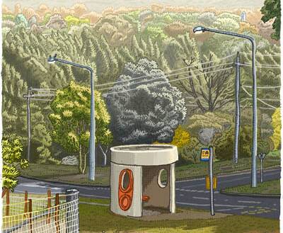 Endearing: One of Trevor Dickinson's 52 drawings of Canberra bus shelters.