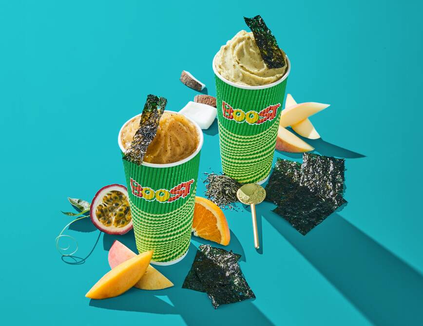 Boost Juice's limited edition Pash & Dash and Sea & Tea seaweed-infused range. Picture supplied