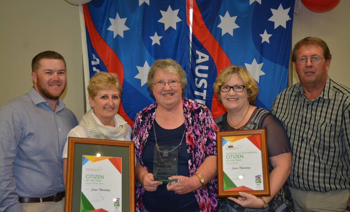 PROUD: Cameron Shaw, Deb Moore, 2017 Hunter McLoughlin and Upper Hunter Shire Citizen of the Year recipient Joan Manning, Cathy Shaw, and David Shaw at Scone's Australia Day celebrations.