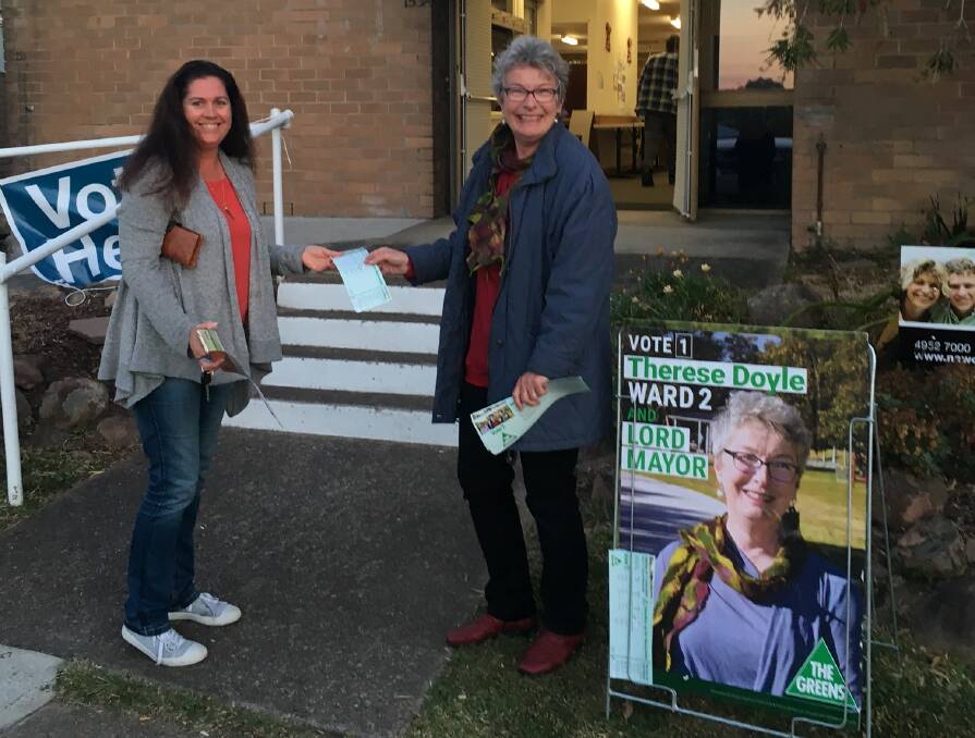 Greens lord mayoral candidate Therese Doyle handing out how-to-vote cards at Adamstown. Picture: Supplied﻿