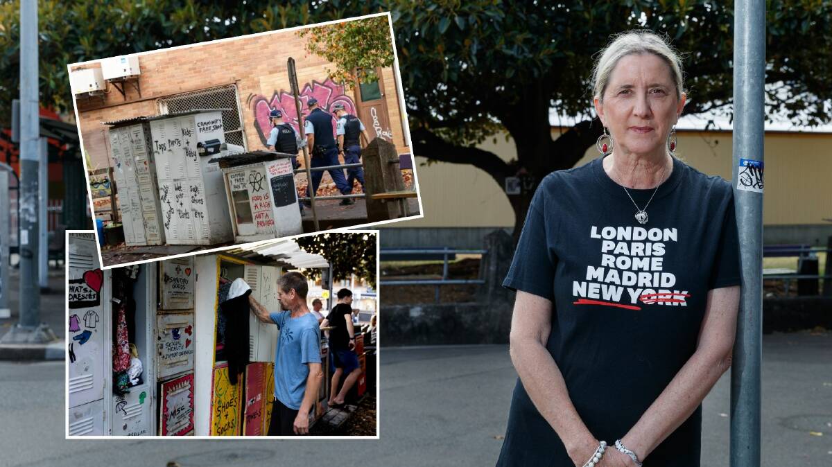 Newcastle Liberal councillor Jenny Barrie in front of Awaba Park, Hamilton. Inset, police patrol the area in 2021, and people using the community pantry in the park. 