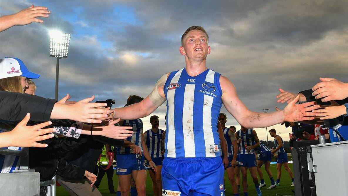 Kangaroo Jack Ziebell with the fans North Melbourne defeated the Adelaide Crows at Hobart's Blundstone Arena on May 6, 2017. Photo: Quinn Rooney, Getty Images