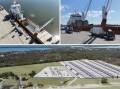 Image shows battery components being unloaded at the Port of Newcastle. Below image show the Waratah Battery. 