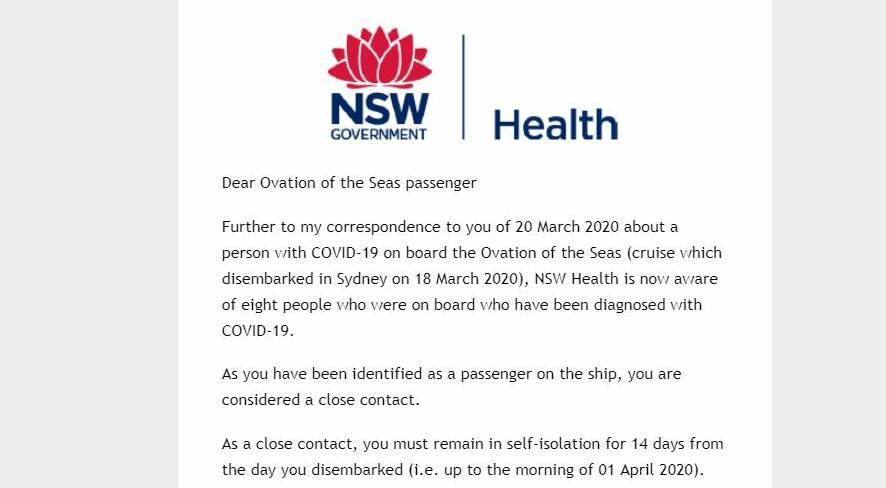 Wendy Hunter received this email from NSW Health on March 24 announcing eight passengers had tested positive.