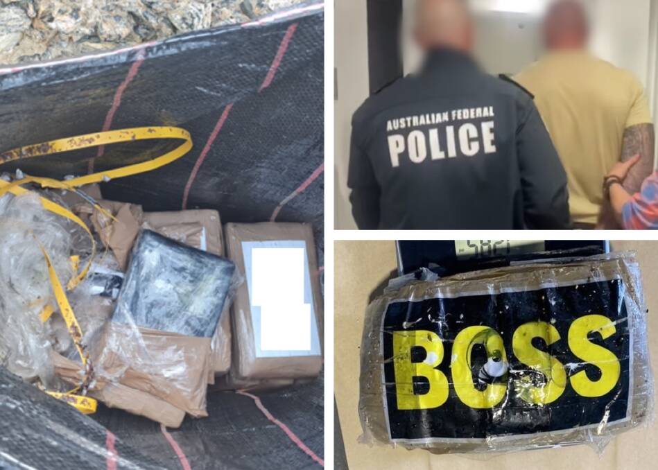 Clockwise from left, a stash of cocaine bricks washed up at Newcastle Ocean Baths, a man was arrested on April 17, and a cocaine brick subject to Operation Groot. Pictures by police