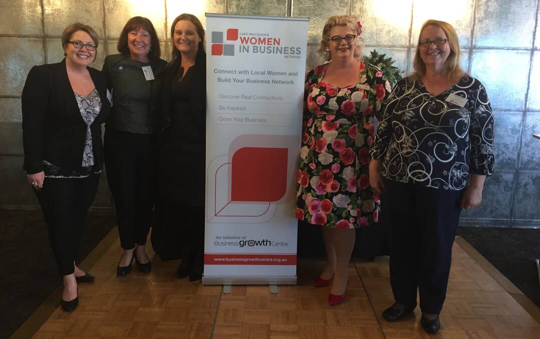 DOWN TO BUSINESS: Pictured at the relaunch are, from left, Michelle McGuinty of Lake Macquarie Business, mayor Kay Fraser, Barbara Lane of the Business Growth Centre, Keryl Fedrick of The Retro Celebrant, and Brenda Hartmire of the Lakes Mail. Picture: Supplied