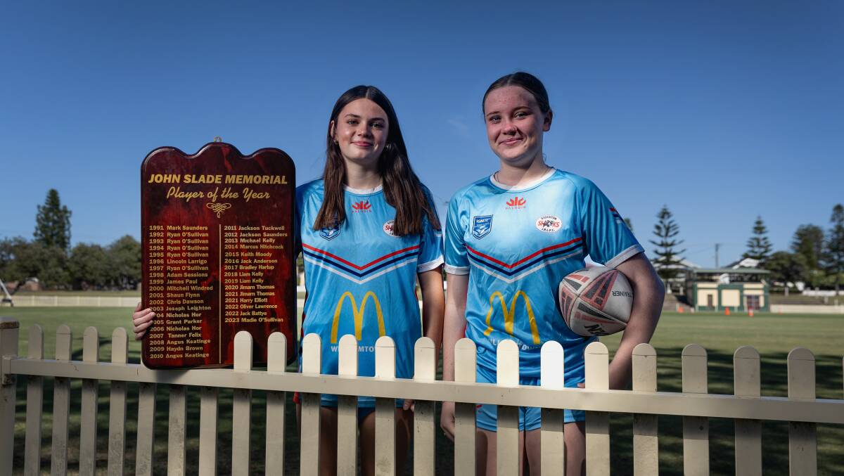 Stockton Sharks Junior Rugby League players Madison O'Sullivan, left, with teammate Ivy Ambler at Lynn Oval, Stockton. Picture: Marina Neil