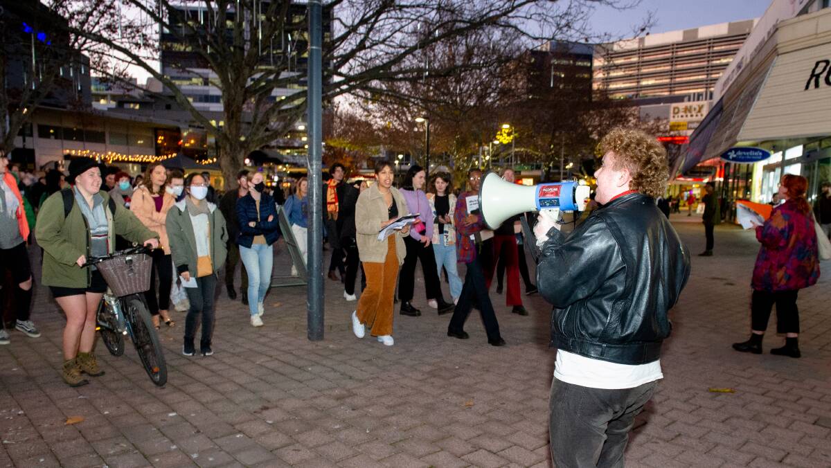 Wren Somerville leads a Canberra protest about changes to university fees in Garema Place in July. Picture: Elesa Kurtz
