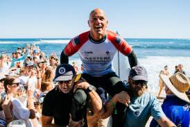 Kelly Slater chaired off at Margaret River Pro on Tuesday. Picture by World Surf League