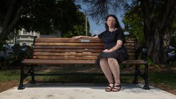 Mackenzie Anderson's mother Tabitha Acret at the memorial bench unveiled in her honour at Gregson Park in December. Picture by Marina Neil