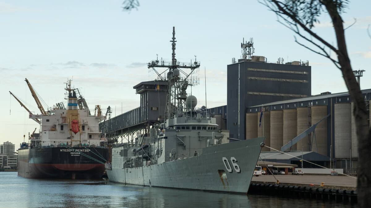 RETURN: The HMAS Newcastle, pictured at Carrington during its April 2017 visit, will cruise back into the harbour on Saturday. Picture: Max Mason-Hubers