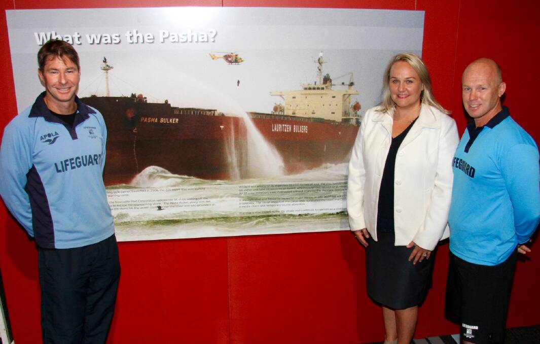 HONOURED: Newcastle Lord Mayor Nuatali Nelmes with city lifeguards Adam Metcalf (left) and Paul Bernard, who were part of the Pasha Bulker rescue. Picture: Supplied.