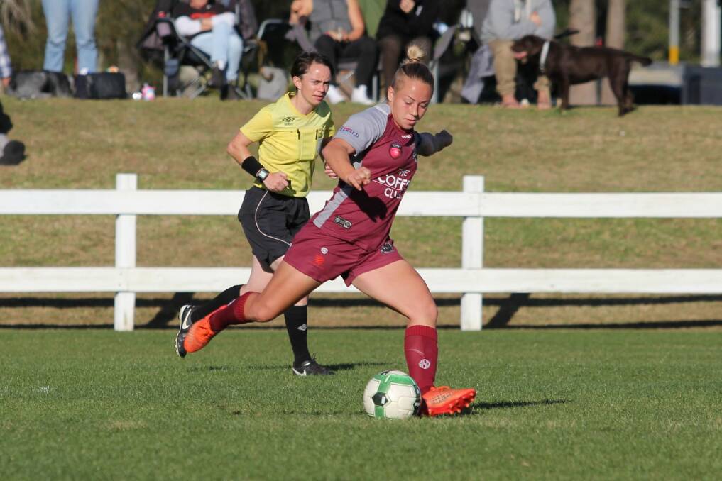 GOAL: Jenna Kingsley, pictured in action last year for Warners Bay, extended her season tally to 10 goals when she scored in a 3-1 win over Merewether on Sunday. Picture: Jeff Keating