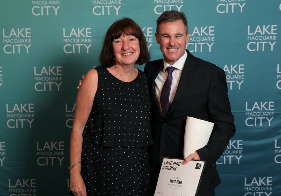 WINNERS: Mayor Kay Fraser with 2019 Red Bull Air Race World Championship Matt Hall, who won the Sports Star award at Saturday's Lake Mac Awards. Picture: supplied.