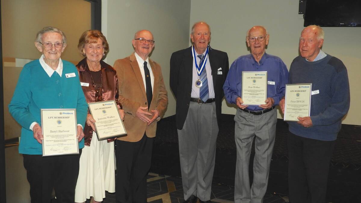 RECOGNISED: Beryl Barbour, Jeanette Walker, Probus district chairman Grahame Moy OAM, club president Terry Godfrey, Ron Walker and Peter Irwin.