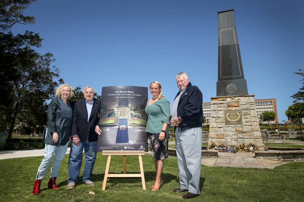 Newcastle MP Sharon Claydon, left, City of Newcastle RSL's Stephen Finney and Ken Fayle and lord mayor Nuatali Nelmes at the launch for the eternal flame project in September 2018. The flame will be unveiled on November 11. Picture: Marina Neil
