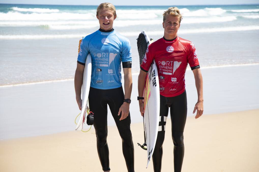 Mikey McDonagh and Caleb Tancred before the Men's QS1000 final. Picture: Ethan Smith / Surfing NSW