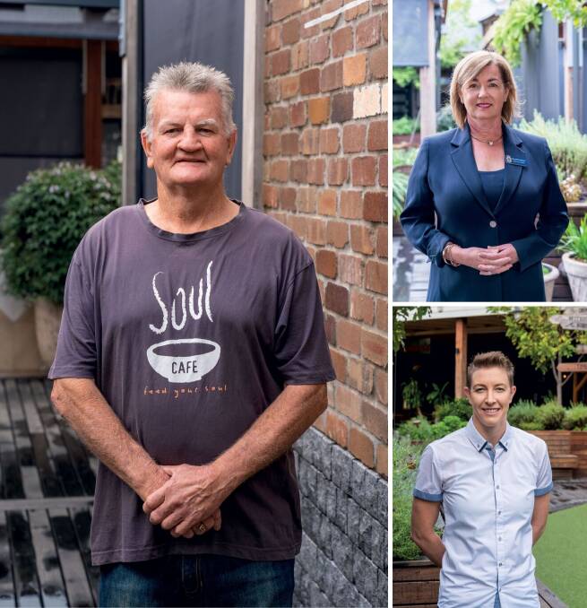 TOP WORK: Westfield Kotara's three local heroes for 2019 are Steve Poulton from Soul Cafe, Phillippa Woolf from NSW Police Legacy and Carly Reasbeck from Got Your Back Sista (bottom right).