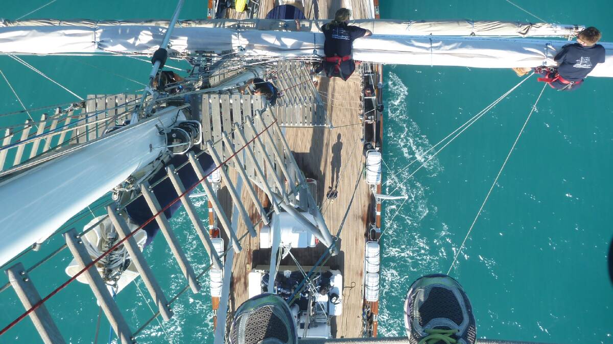 A view from the yards. Looking down the Young endeavour's 32m mast.