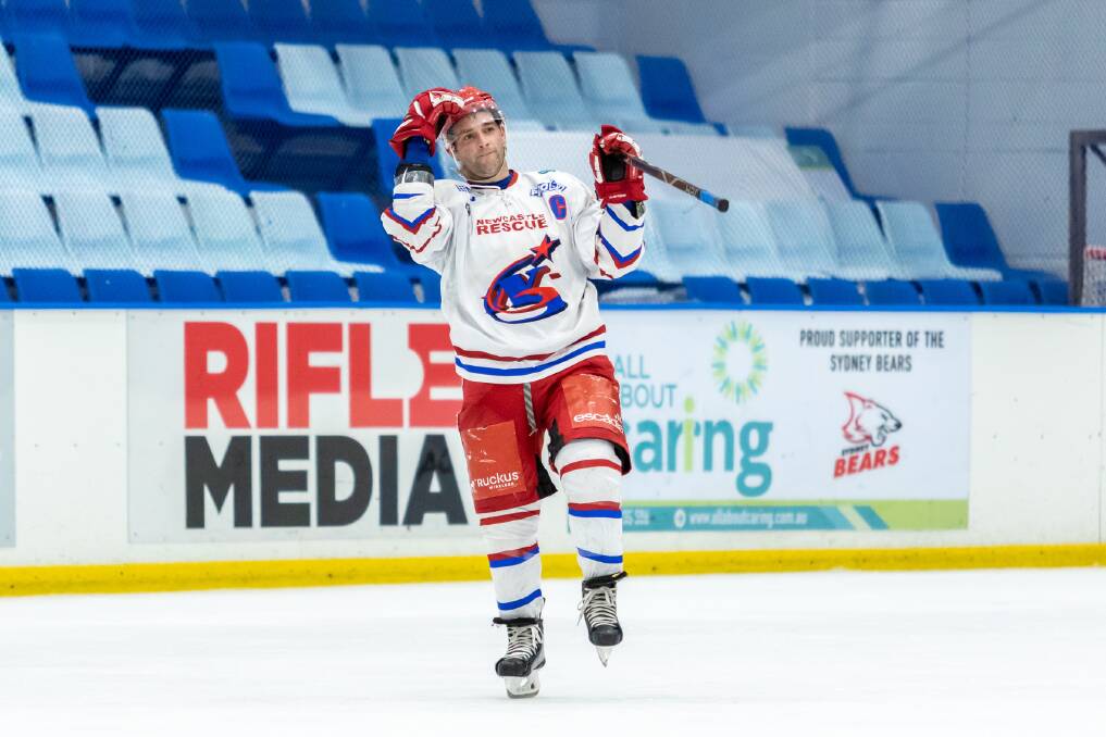 Northstars captain Bert Malloy celebrates his shootout goal, which won Newcastle the game and secured the team its 2019 AIHL Finals berth. Picture: Peter Podlaha