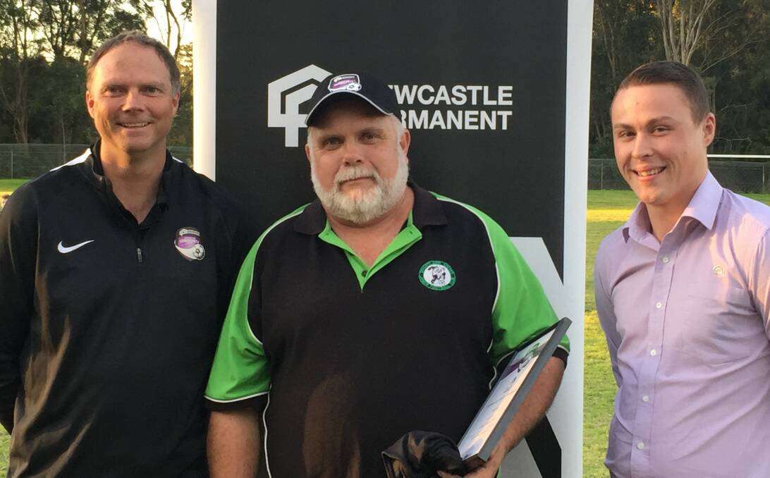 Ross Buxton from Shortland United FC, centre, with NNSWF's Ross Hicks and Newcastle Permanent's Tim Atkins.