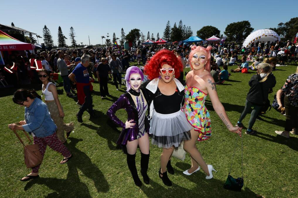 CANCELLED: Foxxe Faux, Timberlina and Indi Pendent at Newcastle Pride Fair Day in August 2019. Newcastle Pride Festival 2020 has been cancelled. Picture: Jonathan Carroll