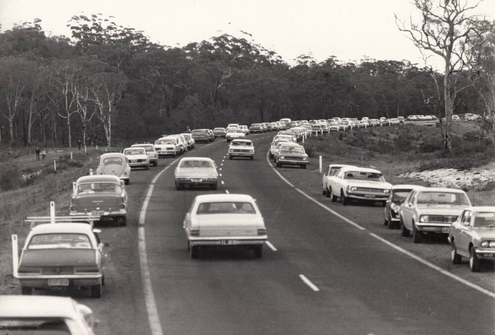 From the Fairfax archive: Traffic on Nelson Bay Road in 1974. People parked along Nelson Bay Road to walk over to the sand dunes to see the Sygna wreck.